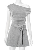 Spring and Summer Off-shoulder Bow Waist Short Jumpsuit