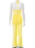 Spring And Summer Halter Neck Waist-Baring Mesh Yarn See-Through Jumpsuit