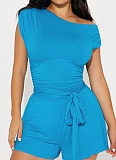 Spring and Summer Off-shoulder Bow Waist Short Jumpsuit