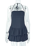 Sexy Backless Pleated Halterneck Solid Color Dress