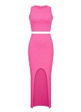 Solid Color Round Neck Vest Side Slit Skirt Sexy Two Piece Suit