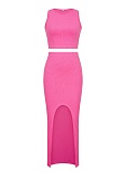 Solid Color Round Neck Vest Side Slit Skirt Sexy Two Piece Suit