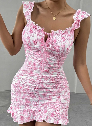 Retro Style Floral Off-Shoulder Ruffled Sexy Waist Dress