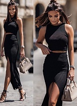 Solid Color Round Neck Vest Side Slit Skirt Sexy Two Piece Suit