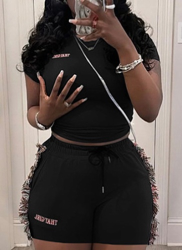 Sexy Slim Short Embroidered Top High Waist Tassel Shorts Two-Piece Set