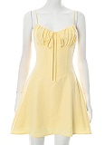 Temperament Lace-Up Gathered Pleated Suspender Solid Color Dress