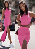 Solid Color Round Neck Vest Side Slit Skirt Sexy Two Piece Suit