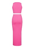 Solid Color Round Neck Vest Side Slit Skirt Sexy Two Piece Suit