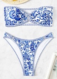 Blue and White Porcelain Print Bandeau Sexy Bikini Swimsuit Set