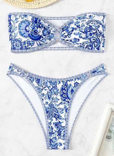 Blue and White Porcelain Print Bandeau Sexy Bikini Swimsuit Set