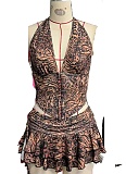 Backless Leopard Print Vest Low Waist Skirt Sexy Hot Girl Two Piece Set