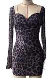 Leopard Print Sweetheart Neckline Backless Fitted Long Sleeve Dress