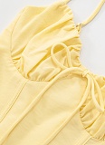 Temperament Lace-Up Gathered Pleated Suspender Solid Color Dress