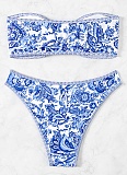 Blue and White Porcelain Print Bandeau Sexy Bikini Swimsuit Set