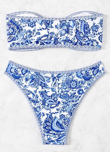 Blue and White Porcelain Print Bandeau Sexy Bikini Swimsuit Set