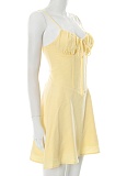 Temperament Lace-Up Gathered Pleated Suspender Solid Color Dress
