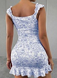 Retro Style Floral Off-Shoulder Ruffled Sexy Waist Dress