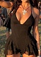 New Sexy Deep V-Neck Halter Backless Wood Ear Edge Solid Color Bodysuit