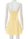 Temperament Lace-Up Gathered Pleated Suspender Solid Color Dress