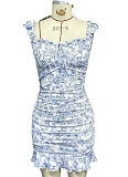 Retro Style Floral Off-Shoulder Ruffled Sexy Waist Dress