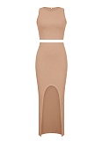 Solid Color Round Neck Vest Side Slit Skirt Sexy Two Piece Suit