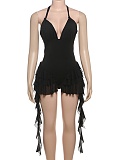 New Sexy Deep V-Neck Halter Backless Wood Ear Edge Solid Color Bodysuit