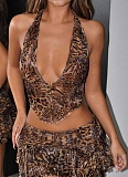 Backless Leopard Print Vest Low Waist Skirt Sexy Hot Girl Two Piece Set