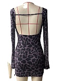 Leopard Print Sweetheart Neckline Backless Fitted Long Sleeve Dress
