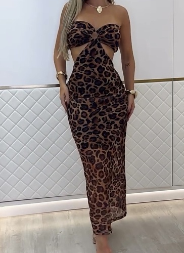 Summer New Leopard Print Sexy Wrap Chest Mesh Dress
