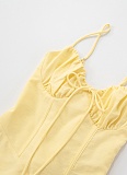 Temperament Lace-Up Gathered Pleated Suspender Solid Color Dress