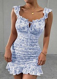 Retro Style Floral Off-Shoulder Ruffled Sexy Waist Dress