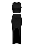Solid Color Round Neck Vest Side Slit Skirt Sexy Two Piece Suit