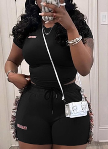 Sexy Slim Short Embroidered Top High Waist Tassel Shorts Two-Piece Set