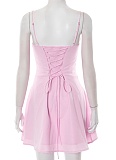 Temperament Lace-Up Gathered Pleated Suspender Solid Color Dress