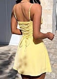 Temperament Lace-Up Gathered Pleated Suspender Solid Color Dress