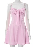 Temperament Lace-Up Gathered Pleated Suspender Solid Color Dress