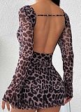 Leopard Print Sweetheart Neckline Backless Fitted Long Sleeve Dress