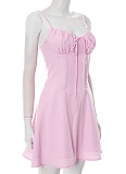 Temperament Lace-Up Gathered Pleated Suspender Solid Color Dress