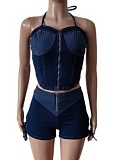 Sexy Solid Color Backless Cross Straps Halter Sleeveless Two Pieces