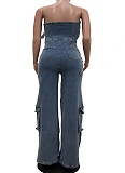 Blue Street Hip-Hop Tube Top High Waist Workwear Denim Jumpsuit For Women