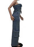 Blue Street Hip-Hop Tube Top High Waist Workwear Denim Jumpsuit For Women