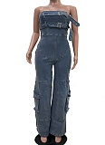 Blue Street Hip-Hop Tube Top High Waist Workwear Denim Jumpsuit For Women