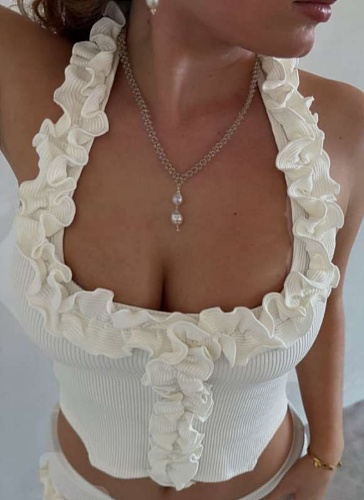 Solid Color Sexy Ruffled Hanging Neck Vest Slim Shorts Two-Piece Set