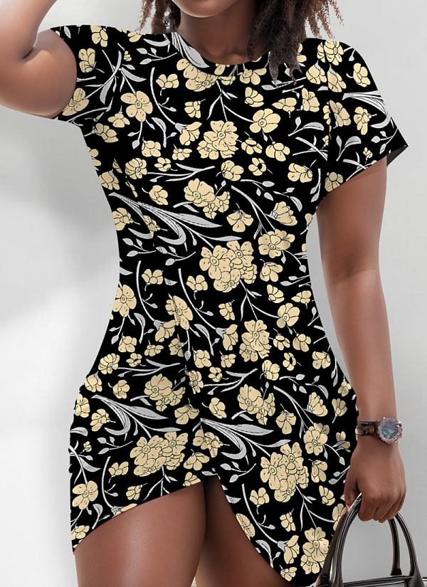 Casual Printed Short Sleeve Round Neck Irregular Dress