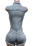 Light Blue Denim Sleeveless Fitted Jumpsuit
