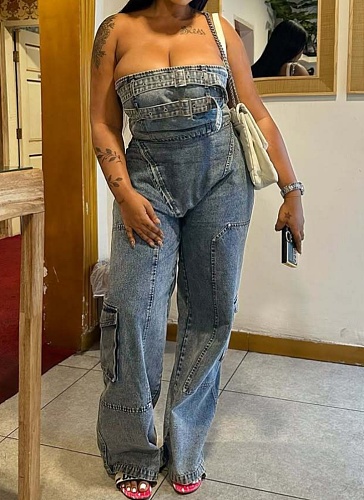 Blue Street Hip-Hop Tube Top High Waist Workwear Denim Jumpsuit For Women