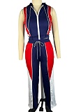 Colorblock Hooded Sleeveless Top and Drawstring Trousers Two-Piece Set
