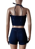 Sexy Solid Color Backless Cross Straps Halter Sleeveless Two Pieces