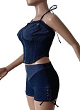 Sexy Solid Color Backless Cross Straps Halter Sleeveless Two Pieces
