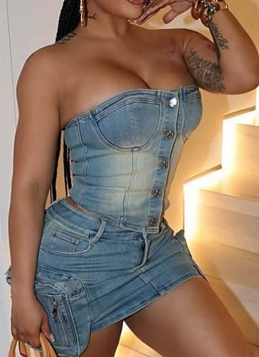 Fashion Retro Chest Wrapped Single-Breasted Vest Elastic Washed Denim Skirt Two-Piece Set